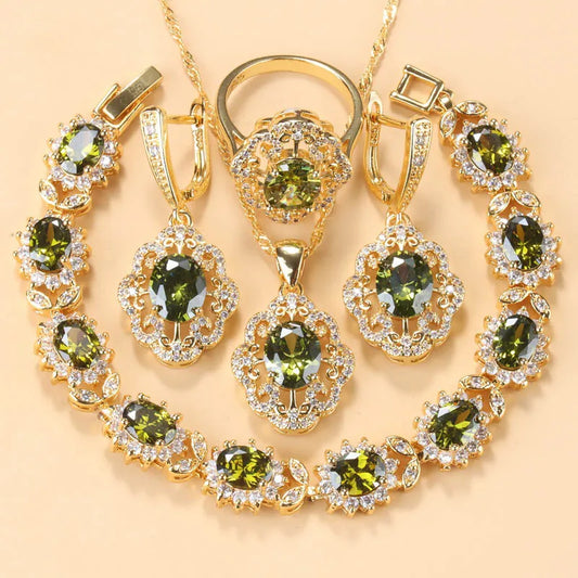 Gold Plated Olive Green Zirconia Charm Bracelet And Ring Jewelry Set