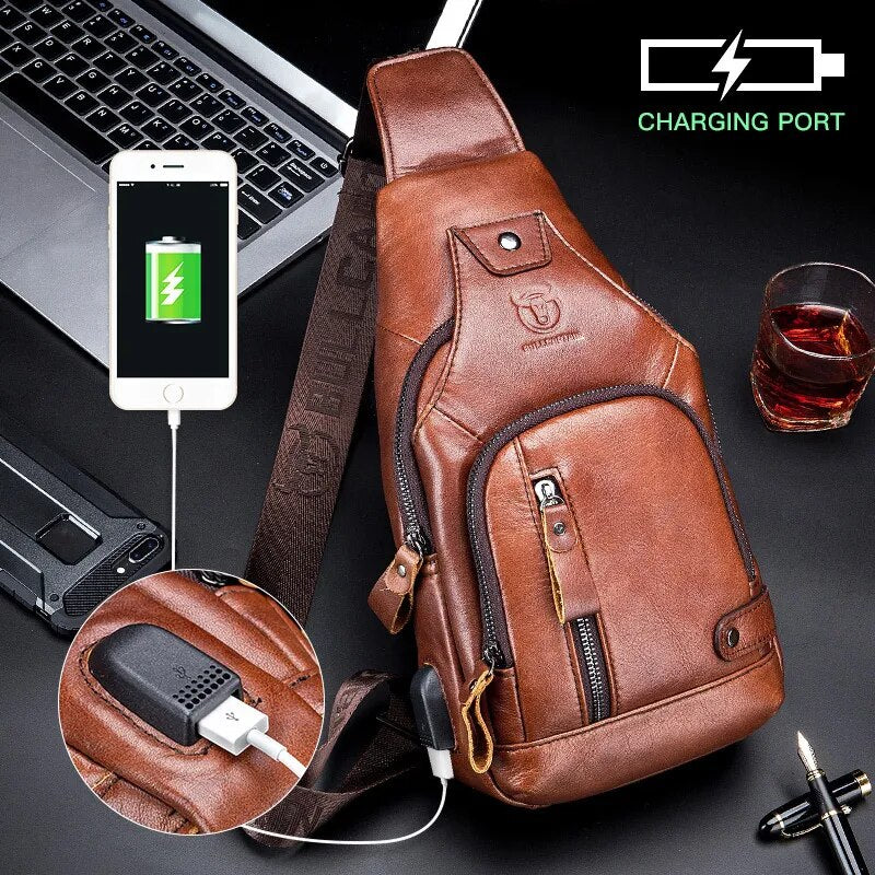 Leather Crossbody Chest Bag  with USB charging