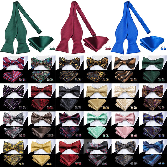 Hi-Tie Silk Mens Self Bow Tie Hanky Cufflinks Set