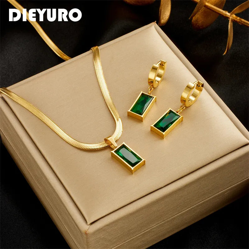 Square Green Crystal Zircon Necklace Earrings Set