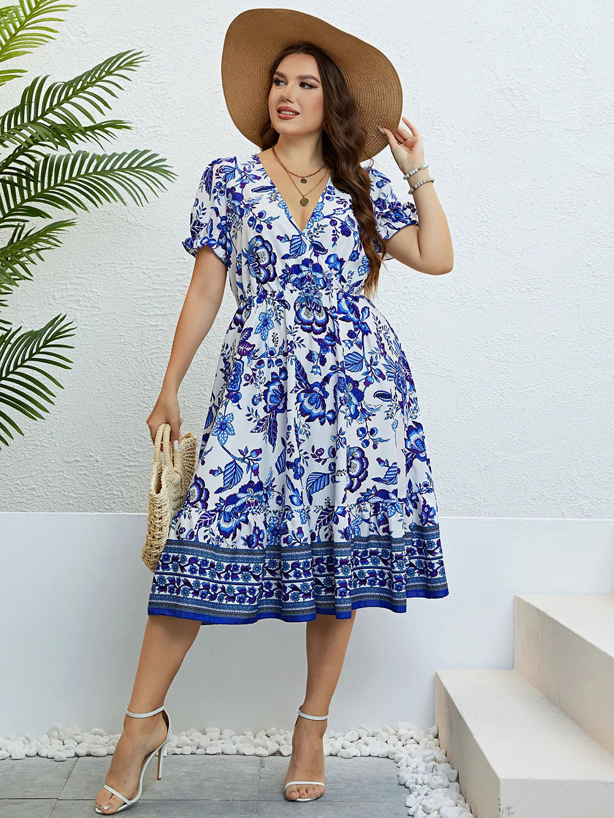 Plus Size Women Flower Print  Dresses