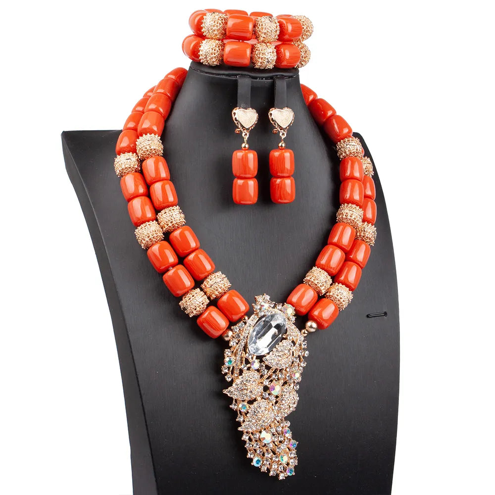 Coral Women Pendant Necklace, Bracelets, Earrings Suit