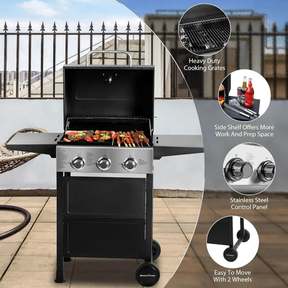 3 Burner BBQ Propane Gas Grill, Stainless Steel 30,000 BTU Patio Garden Barbecue Grill with Two Foldable Shelves,BBQ Parrilla