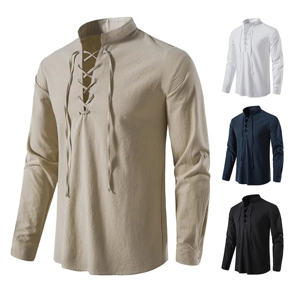 Men's Casual Cotton Linen Long Sleeve Tee Shirt