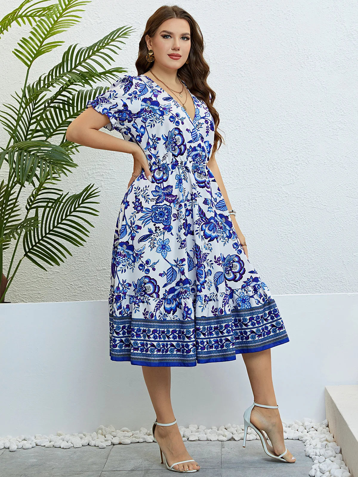 Plus Size Women Flower Print  Dresses