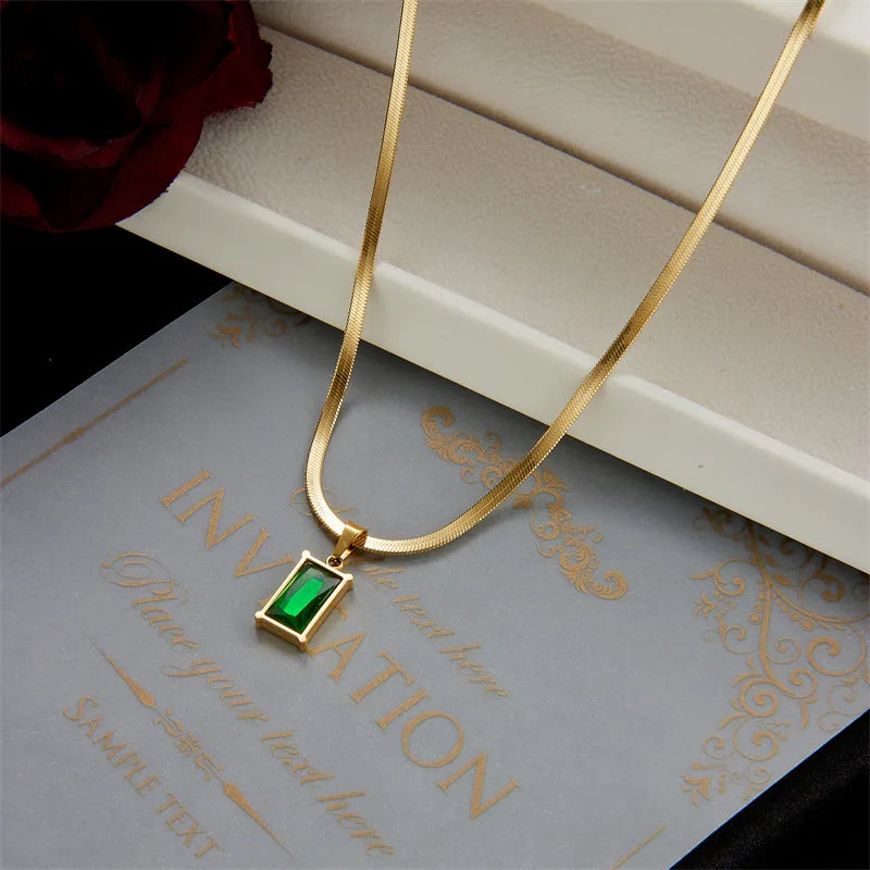 Square Green Crystal Zircon Necklace Earrings Set