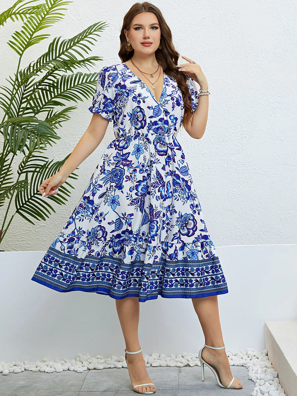 Plus Size Women Flower Print  Dresses