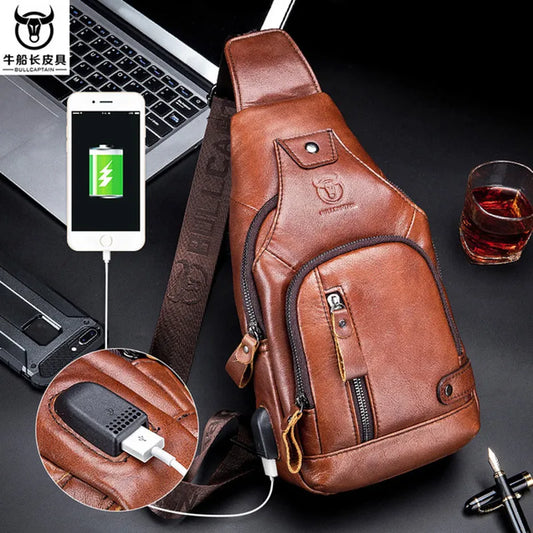 Leather Crossbody Chest Bag  with USB charging