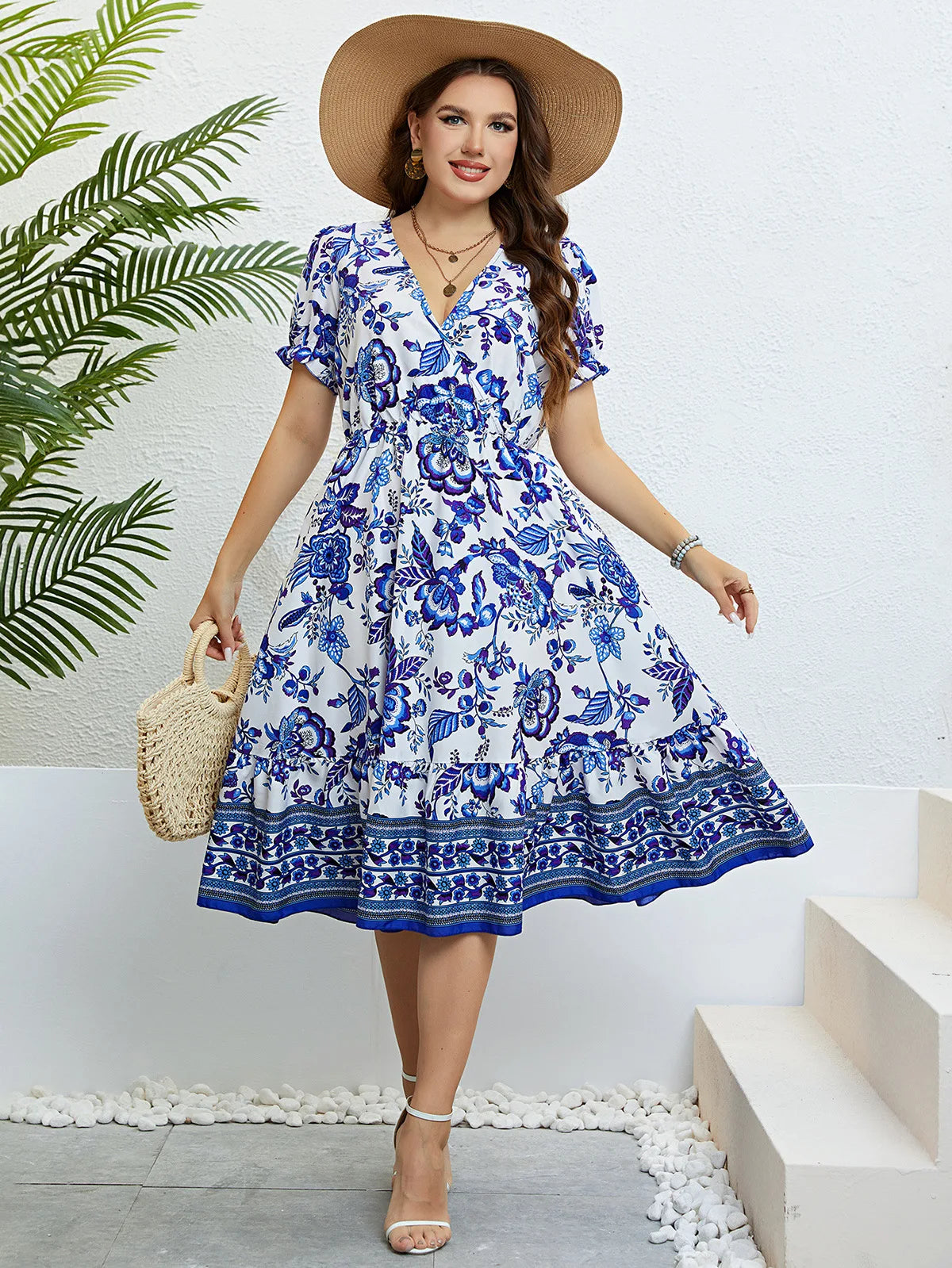 Plus Size Women Flower Print  Dresses