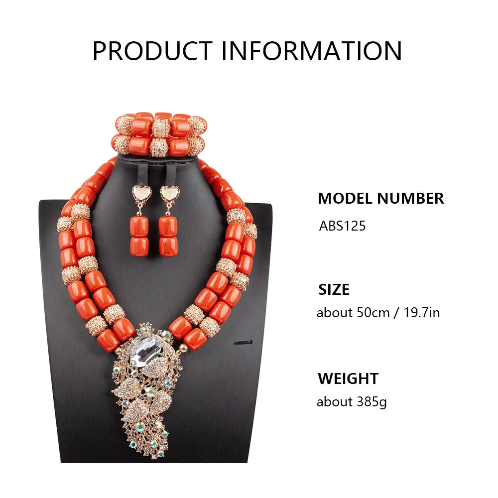 Coral Women Pendant Necklace, Bracelets, Earrings Suit