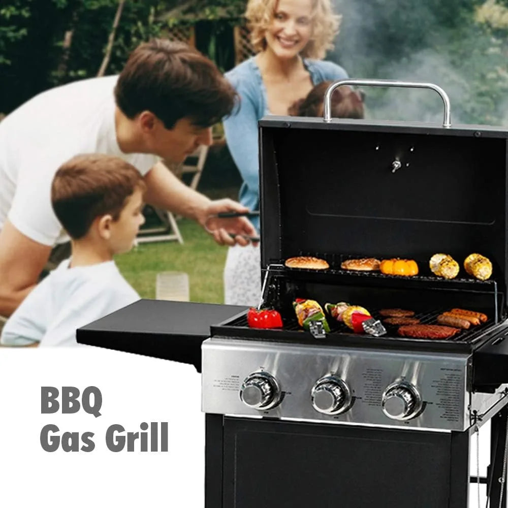 3 Burner BBQ Propane Gas Grill, Stainless Steel 30,000 BTU Patio Garden Barbecue Grill with Two Foldable Shelves,BBQ Parrilla