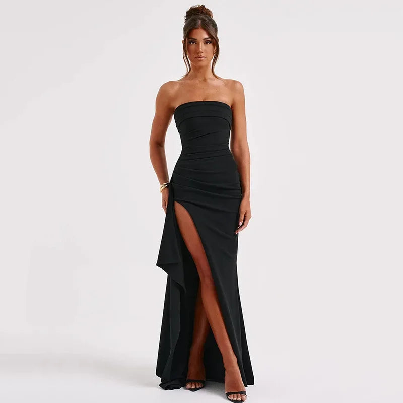 Ladies Off Shoulder Elegant High Split Maxi Dress