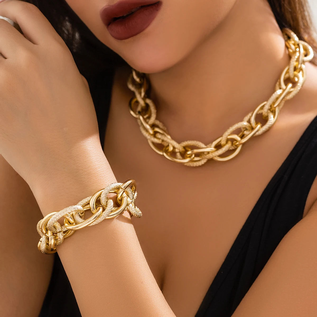 Exaggerated Chunky Cuban Chain Necklace Set