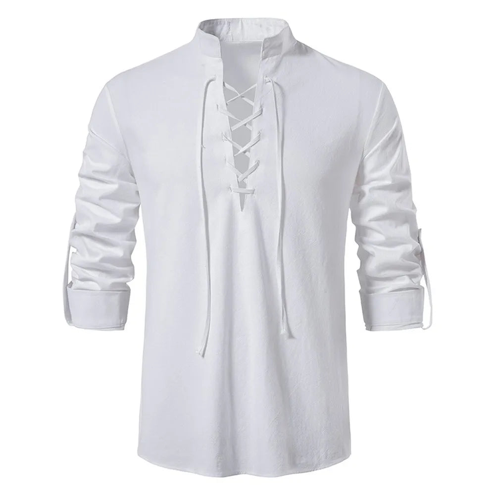 Men's Casual Cotton Linen Long Sleeve Tee Shirt