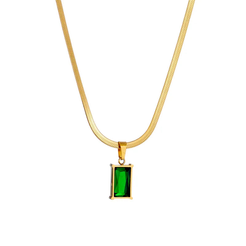 Square Green Crystal Zircon Necklace Earrings Set