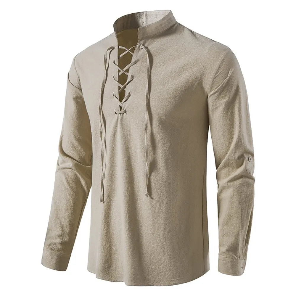 Men's Casual Cotton Linen Long Sleeve Tee Shirt