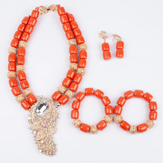 Coral Women Pendant Necklace, Bracelets, Earrings Suit